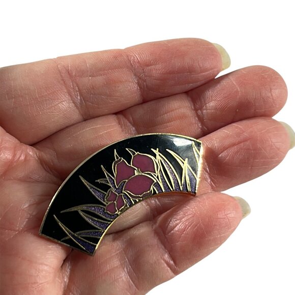 Vintage Isle of Skye Enamel Fan Brooch Pink Flowers Black Gold Tone Pin - Picture 7 of 7